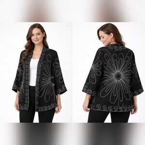 Lauren Michelle Elegant Black and White Women's Sweater Embroidered Floral